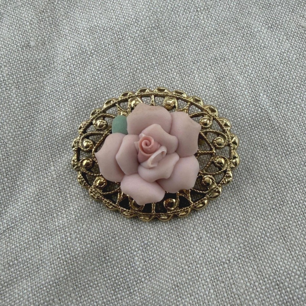 Vintage Pink Porcelain Rose Brooch, Gold Tone Filigree Floral Pin